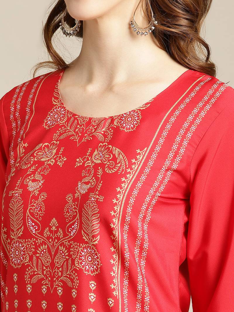 varanga Red And White Floral Panel Printed Straight Kurta.