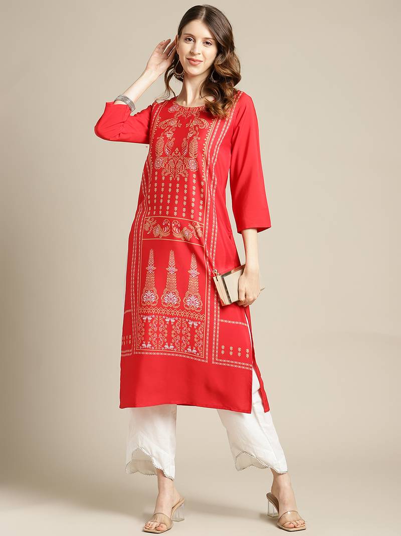 varanga Red And White Floral Panel Printed Straight Kurta.
