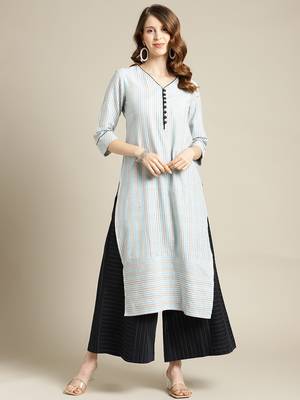 varanga Blue And Off White Stripe Woven Kurta With Cord Pipen Detailing On Yoke And Sleeves. 1