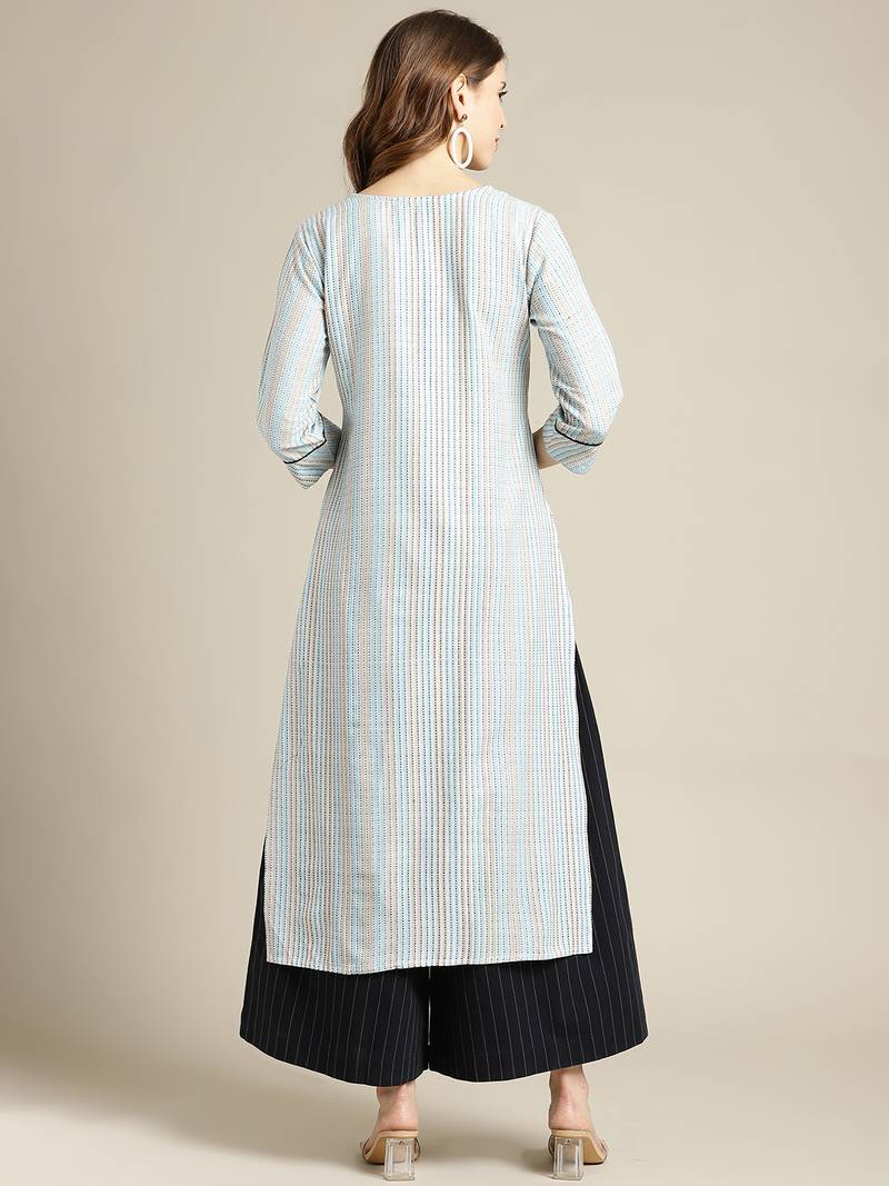 varanga Blue And Off White Stripe Woven Kurta With Cord Pipen Detailing On Yoke And Sleeves.