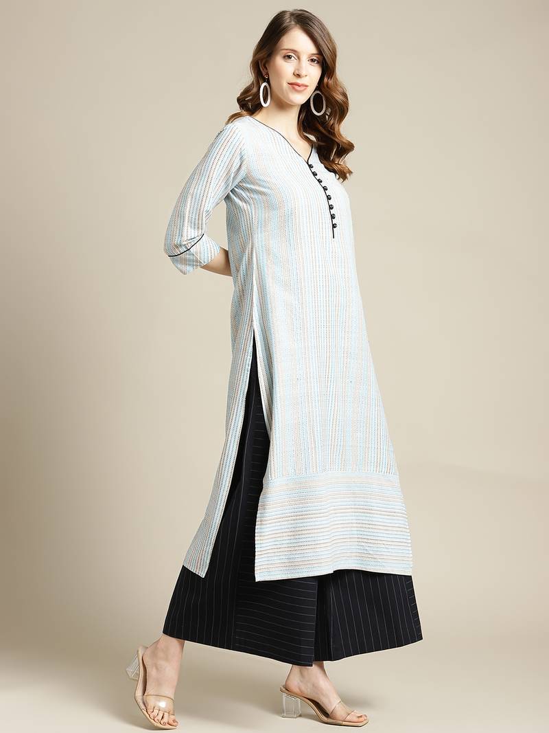 varanga Blue And Off White Stripe Woven Kurta With Cord Pipen Detailing On Yoke And Sleeves.