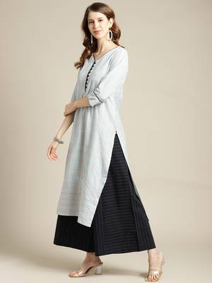 varanga Blue And Off White Stripe Woven Kurta With Cord Pipen Detailing On Yoke And Sleeves. 4