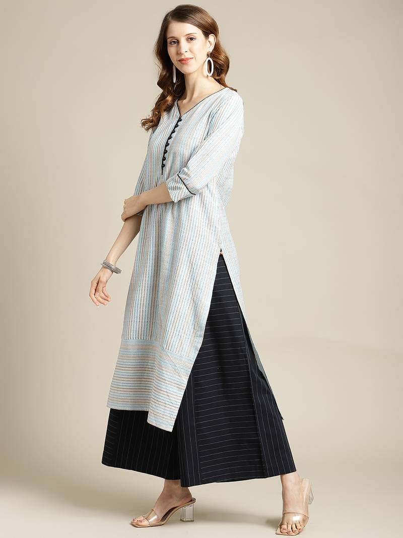 varanga Blue And Off White Stripe Woven Kurta With Cord Pipen Detailing On Yoke And Sleeves.