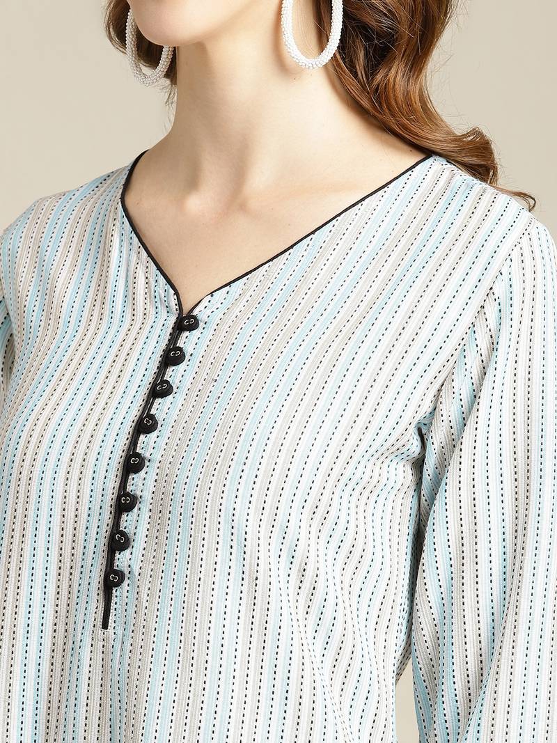 varanga Blue And Off White Stripe Woven Kurta With Cord Pipen Detailing On Yoke And Sleeves.