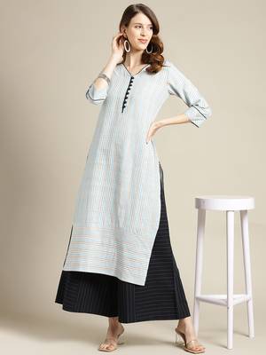 varanga Blue And Off White Stripe Woven Kurta With Cord Pipen Detailing On Yoke And Sleeves. 6