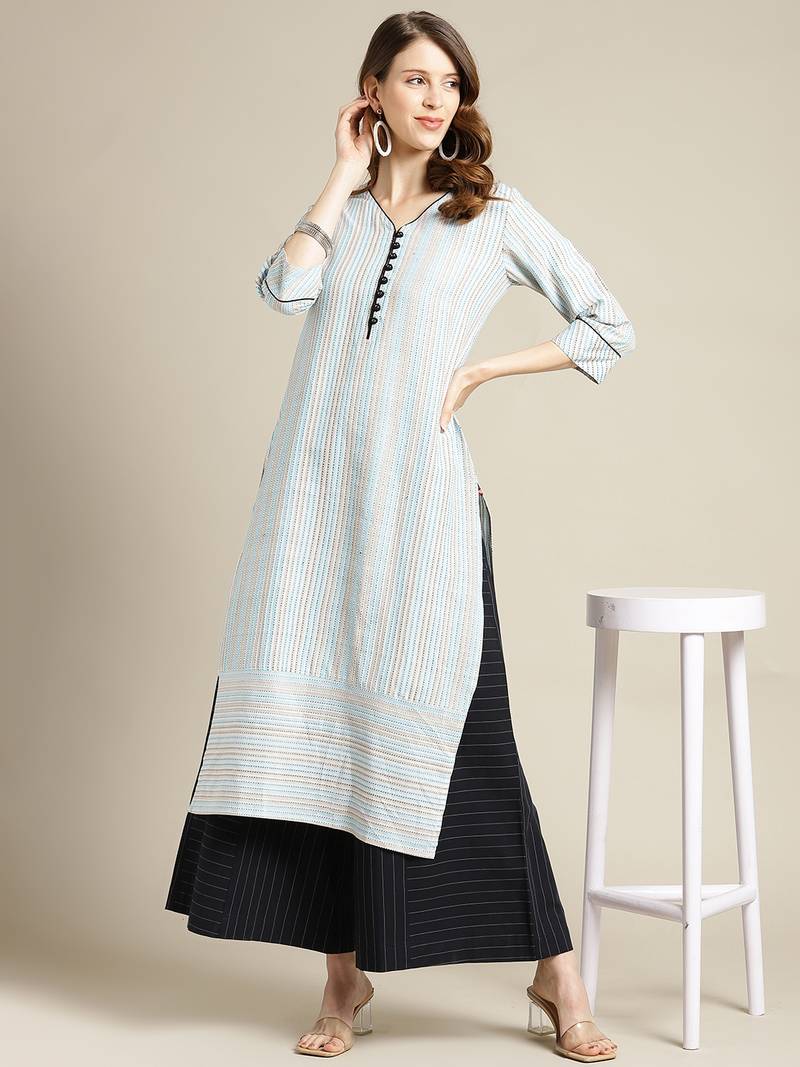 varanga Blue And Off White Stripe Woven Kurta With Cord Pipen Detailing On Yoke And Sleeves.