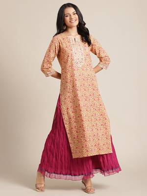 Varanga Yellow And Pink Floral Printed Straight Kurta With Round Neck And Gota Work 1