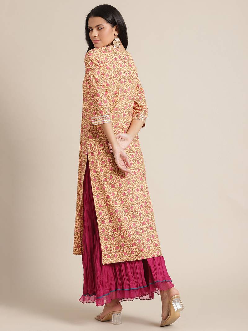 Varanga Yellow And Pink Floral Printed Straight Kurta With Round Neck And Gota Work