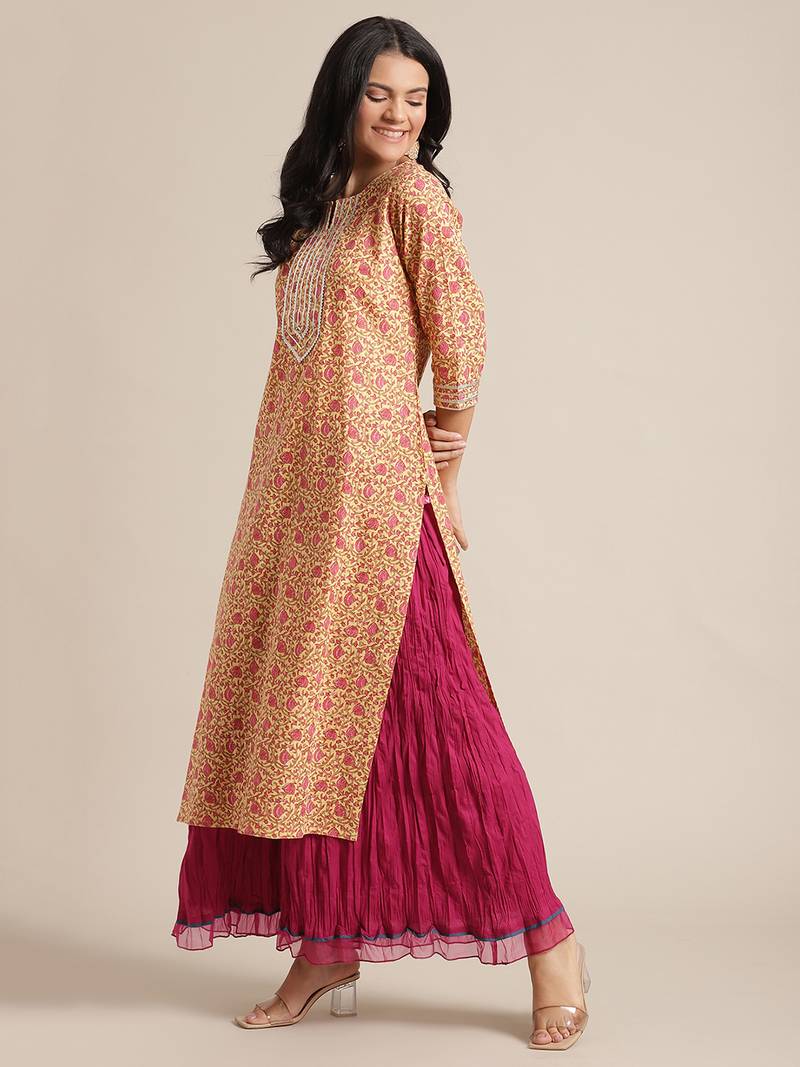 Varanga Yellow And Pink Floral Printed Straight Kurta With Round Neck And Gota Work