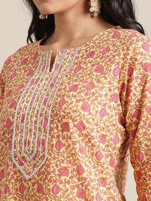 Varanga Yellow And Pink Floral Printed Straight Kurta With Round Neck And Gota Work 4