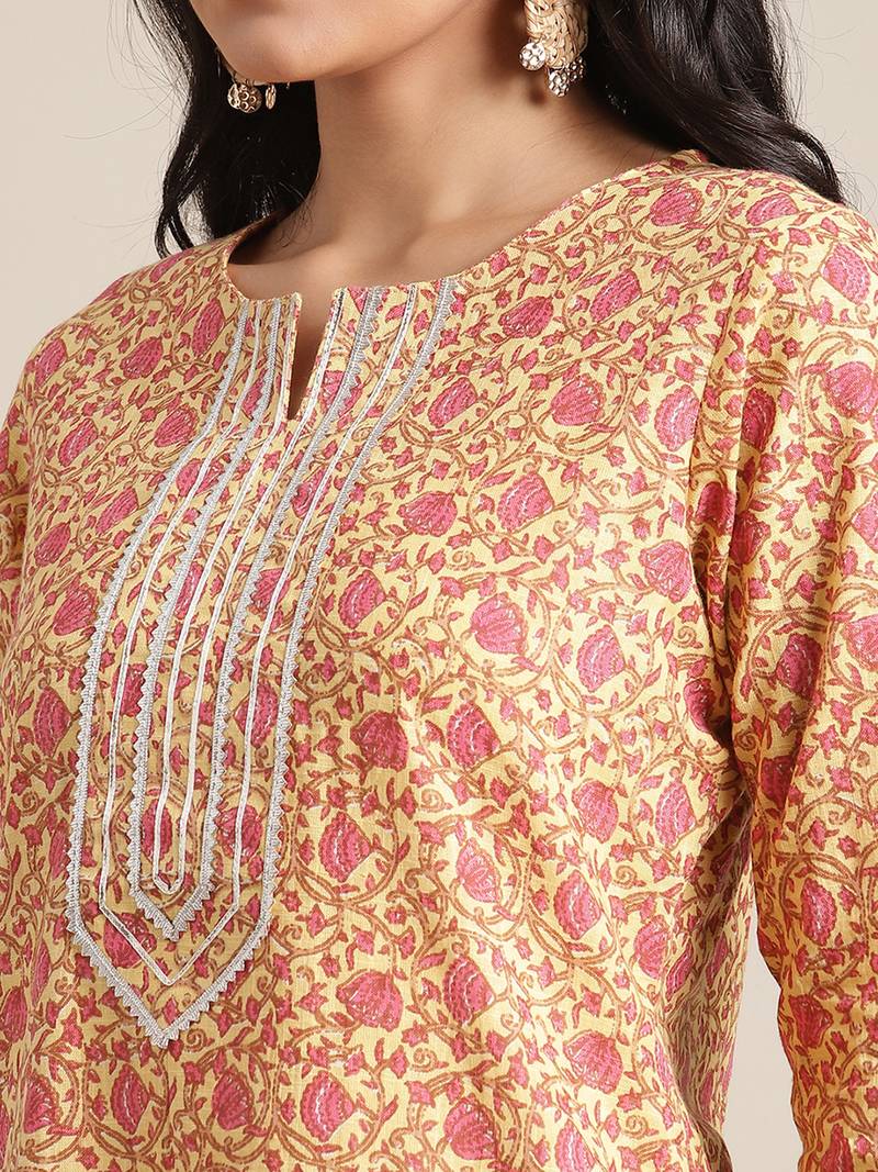 Varanga Yellow And Pink Floral Printed Straight Kurta With Round Neck And Gota Work