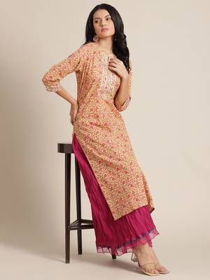 Varanga Yellow And Pink Floral Printed Straight Kurta With Round Neck And Gota Work 5