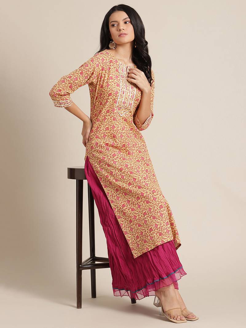Varanga Yellow And Pink Floral Printed Straight Kurta With Round Neck And Gota Work