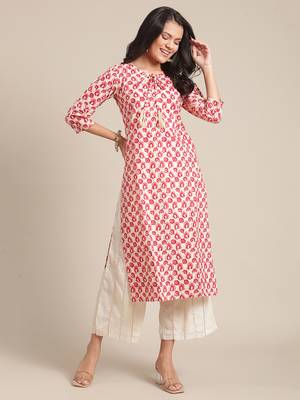 Varanga Cream And Red Printed Cotton Kurta With Round Neckline And Gota Tassel  Tie Up. 1