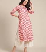 Varanga Cream And Red Printed Cotton Kurta With Round Neckline And Gota Tassel  Tie Up.