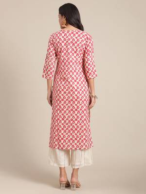 Varanga Cream And Red Printed Cotton Kurta With Round Neckline And Gota Tassel  Tie Up. 2