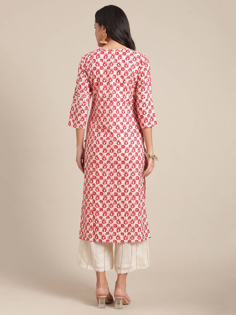 Varanga Cream And Red Printed Cotton Kurta With Round Neckline And Gota Tassel  Tie Up.