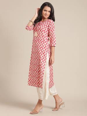 Varanga Cream And Red Printed Cotton Kurta With Round Neckline And Gota Tassel  Tie Up. 3