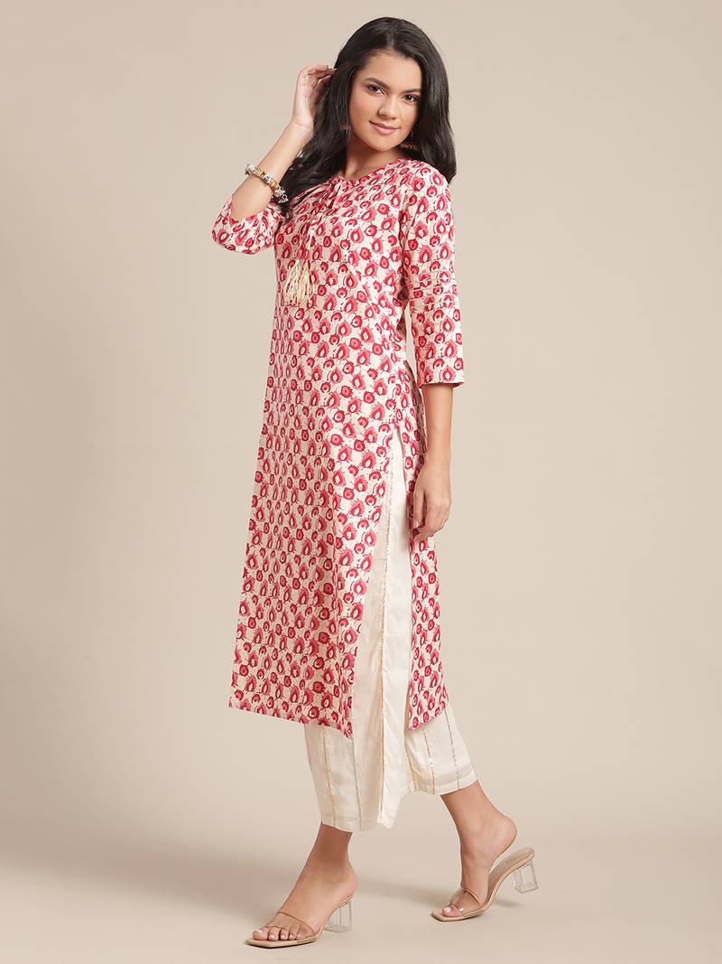 Varanga Cream And Red Printed Cotton Kurta With Round Neckline And Gota Tassel  Tie Up.