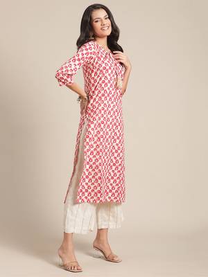 Varanga Cream And Red Printed Cotton Kurta With Round Neckline And Gota Tassel  Tie Up. 4