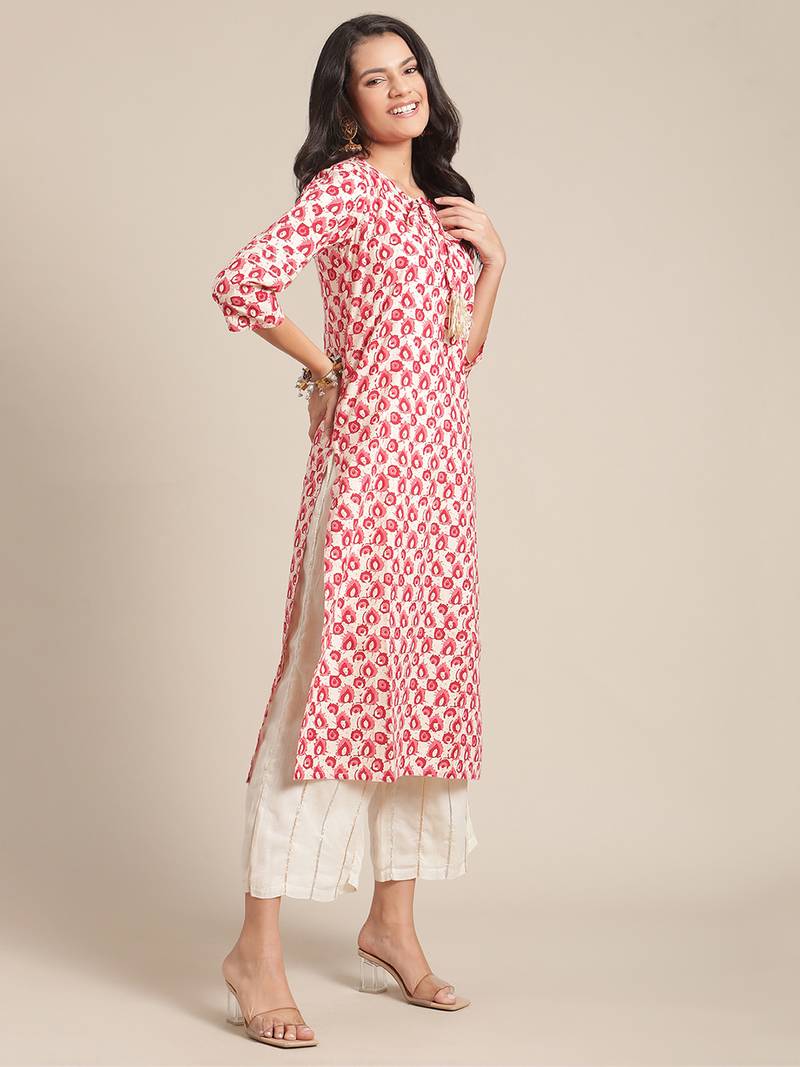 Varanga Cream And Red Printed Cotton Kurta With Round Neckline And Gota Tassel  Tie Up.