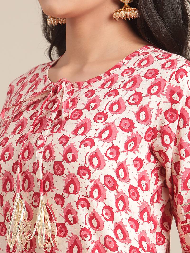 Varanga Cream And Red Printed Cotton Kurta With Round Neckline And Gota Tassel  Tie Up.