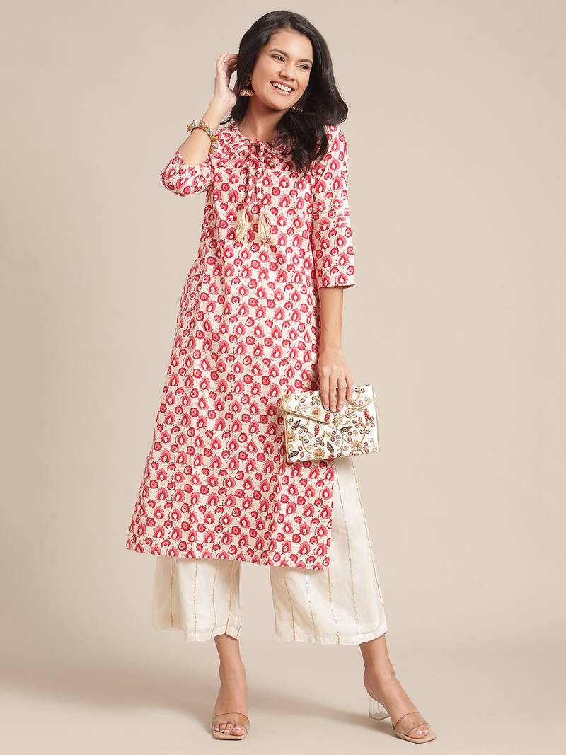 Varanga Cream And Red Printed Cotton Kurta With Round Neckline And Gota Tassel  Tie Up.