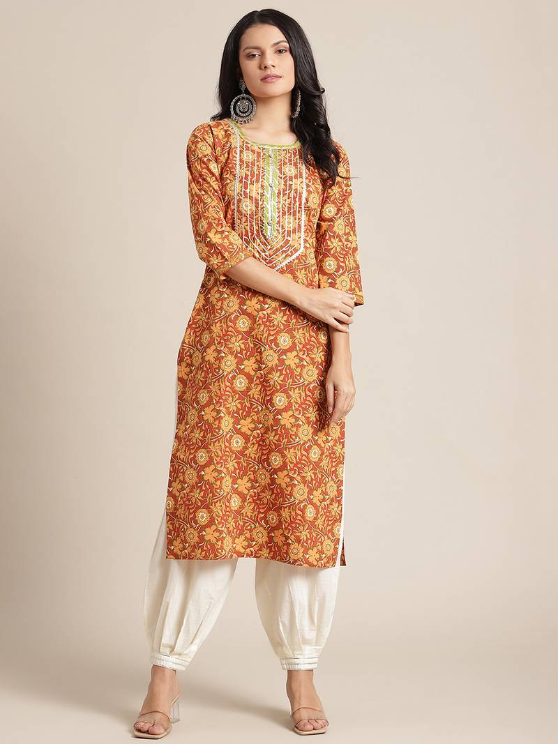 Varanga blue floral printed kurta with gota embellishment on yoke.