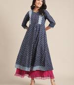 Varanga Blue  Floral Ankle Length Flared Kurta With Regular Sleeve And Round Neck