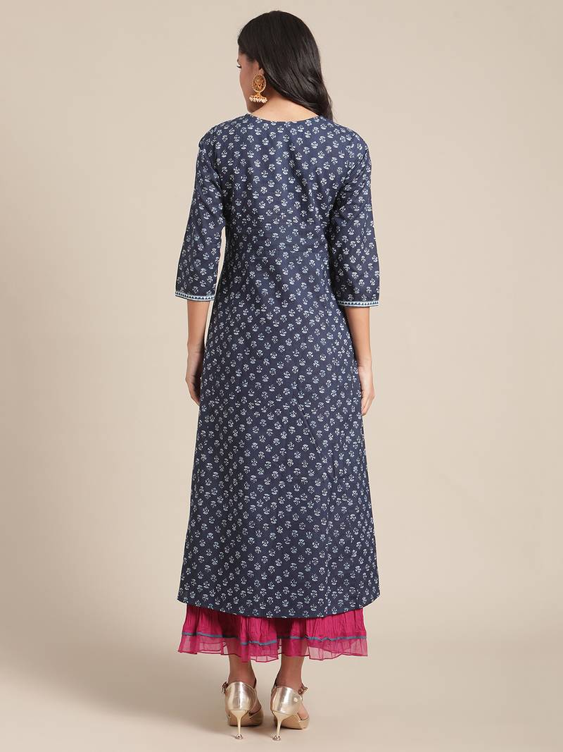Varanga Blue  Floral Ankle Length Flared Kurta With Regular Sleeve And Round Neck