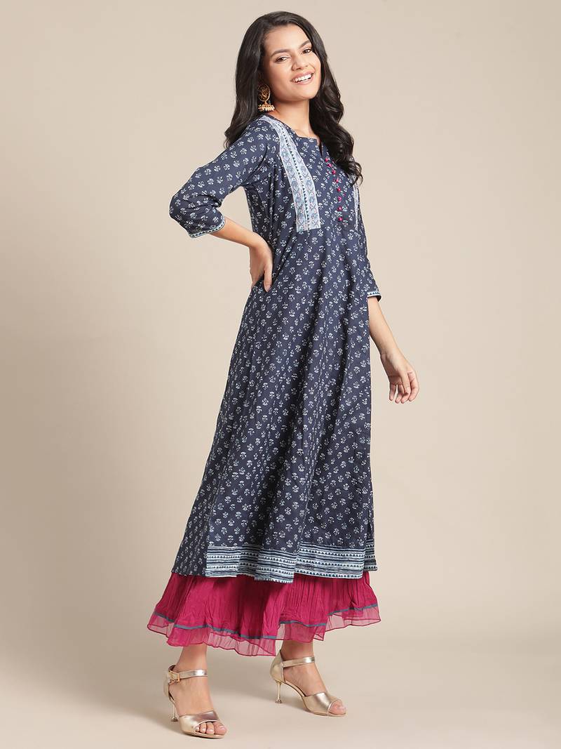 Varanga Blue  Floral Ankle Length Flared Kurta With Regular Sleeve And Round Neck
