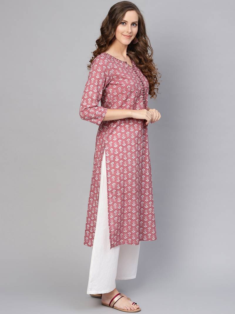 Varanga Grey Floral Printed Straight Kurta With Buttons