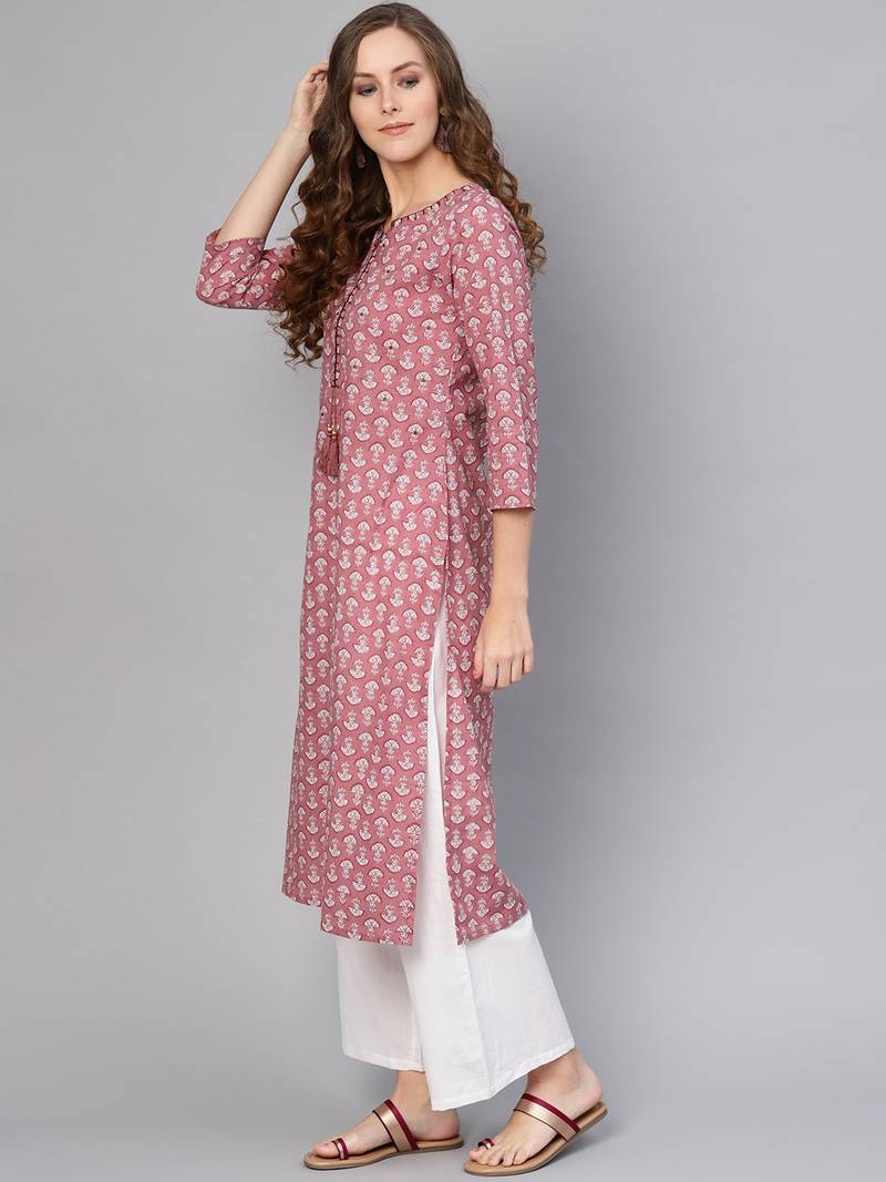 Varanga Grey Floral Printed Straight Kurta With Buttons