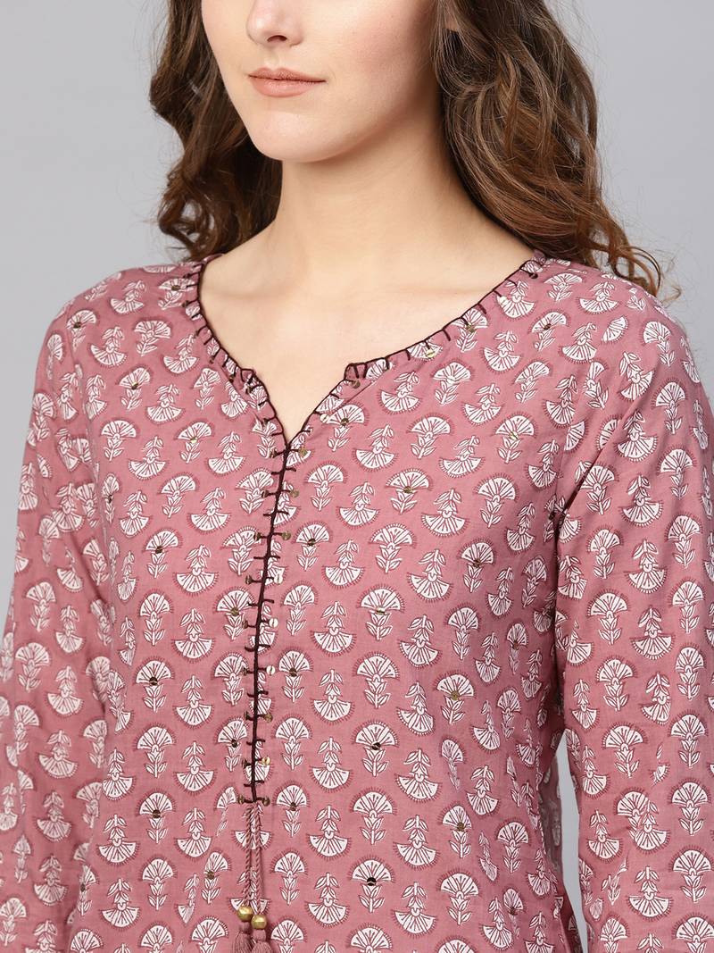 Varanga Grey Floral Printed Straight Kurta With Buttons