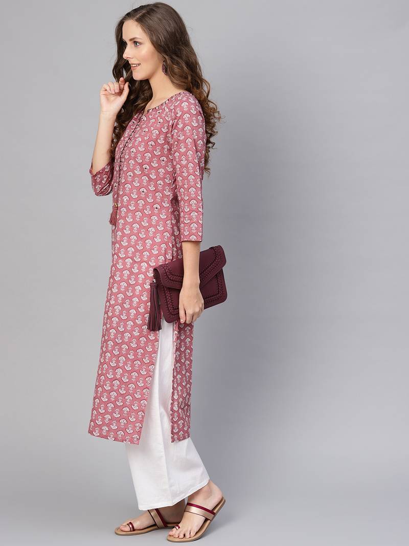 Varanga Grey Floral Printed Straight Kurta With Buttons