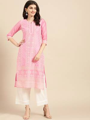 Varanga Women Pink & Off-White Chikankari Printed Straight Kurta 1