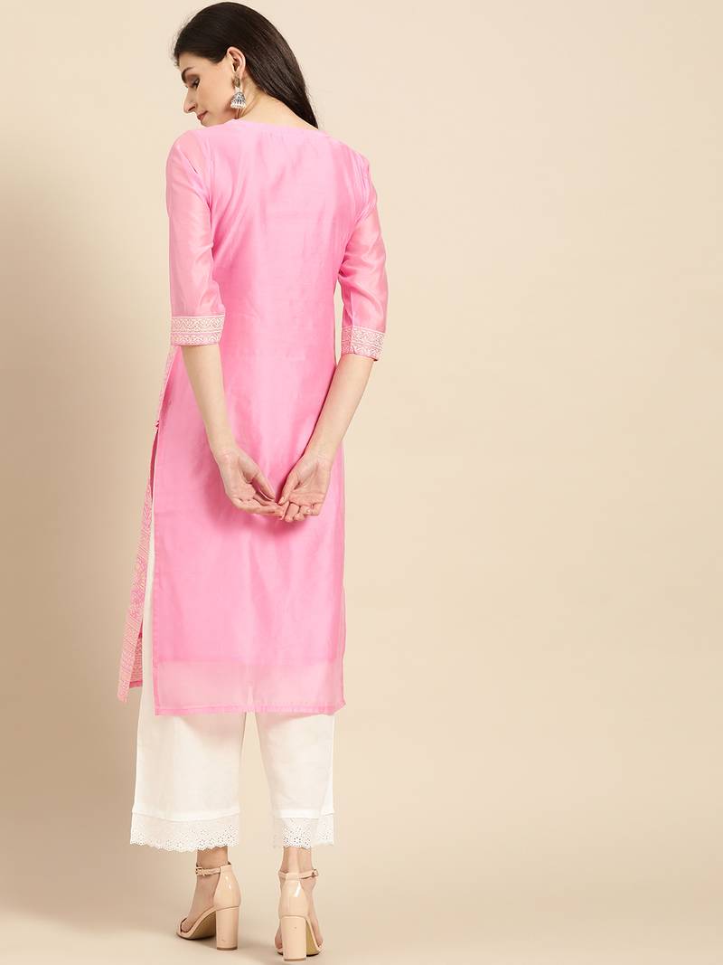 Varanga Women Pink & Off-White Chikankari Printed Straight Kurta