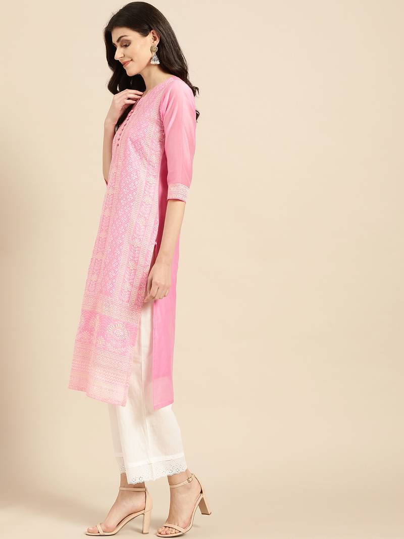 Varanga Women Pink & Off-White Chikankari Printed Straight Kurta