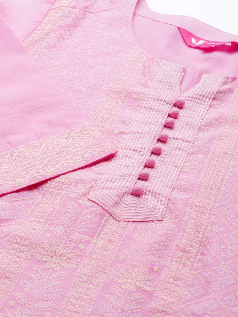 Varanga Women Pink & Off-White Chikankari Printed Straight Kurta