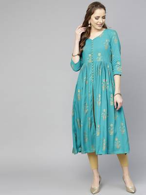 Varanga Women Teal Blue Printed Empire Kurta 1