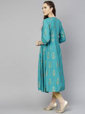 Varanga Women Teal Blue Printed Empire Kurta 2