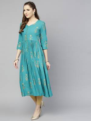 Varanga Women Teal Blue Printed Empire Kurta 3