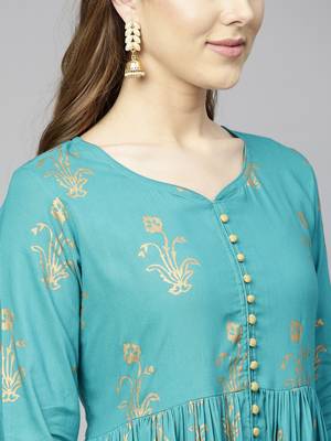Varanga Women Teal Blue Printed Empire Kurta 4