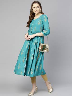 Varanga Women Teal Blue Printed Empire Kurta 5