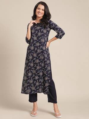 Blue cotton printed stitched   kurta & trouser 1