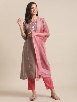 Beige cotton printed stitched   kurta & trouser 1