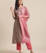 Beige cotton printed stitched   kurta & trouser