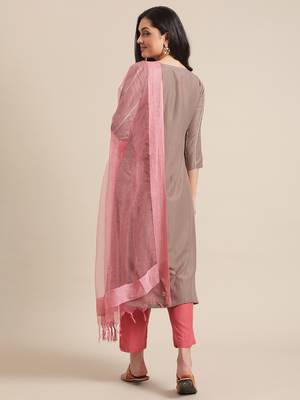 Beige cotton printed stitched   kurta & trouser 2