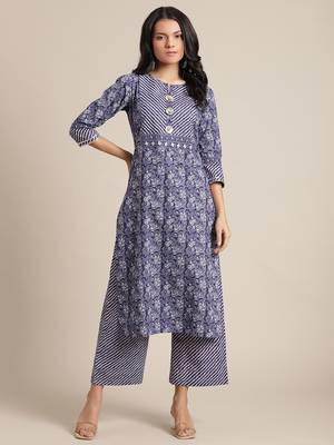 Blue cotton printed stitched   kurta & trouser 1