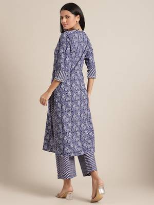 Blue cotton printed stitched   kurta & trouser 2